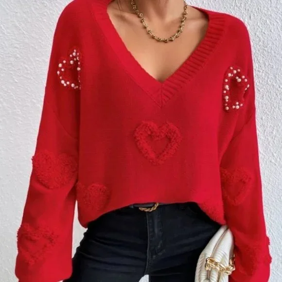 Pearl Heart detailed red knit sweater top - Picture 3 of 6
